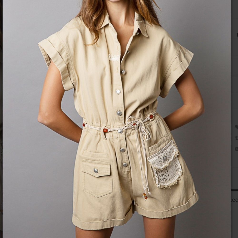 POL shorts romper Beige Cotton Utility Romper with Crochet Pocket NEW (no belt)